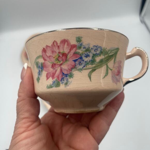 Vintage Quadro Crooksville Pink Floral Cup & Saucer set of 3 Coffee Tea - Picture 3 of 7
